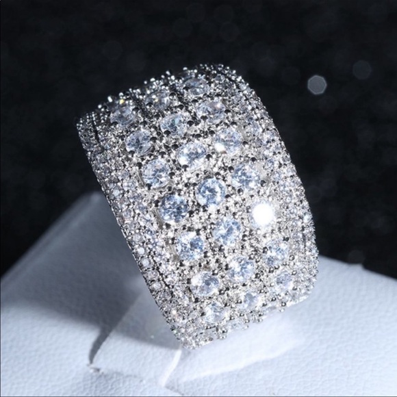 NEW 925 SILVER ROUND DIAMOND PAVE WIDE BAND RING - Picture 5 of 8